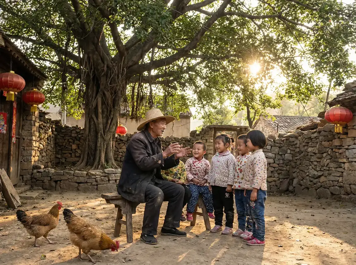 老人在大榕树下给孩子们讲故事 - 极限特工3百度云 乡村记忆